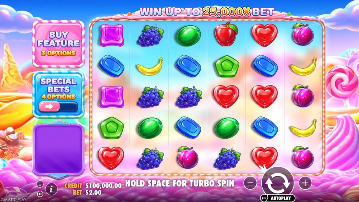Tampilan visual penuh warna dari slot Sweet Bonanza 2500 dengan tema permen dan buah-buahan.